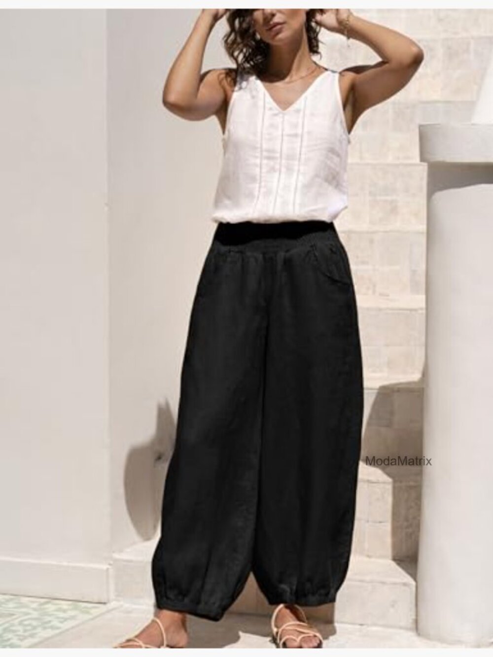 Wide Leg Cotton Linen Barrel Pants Elastic Waist Lounge Trousers Pockets - Picture 5 of 7